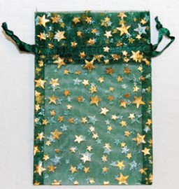 Small Green Organza Pouch with Gold Stars